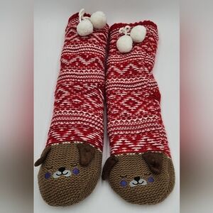 Red and Brown Dog Face Knit Socks Thick Faux Shearling Lined One Size
